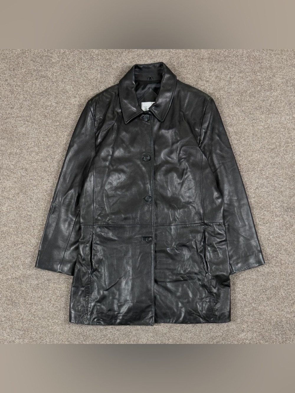Worthington Black Lambskin Leather Coat Women’s Size XL Button Front Mid Length